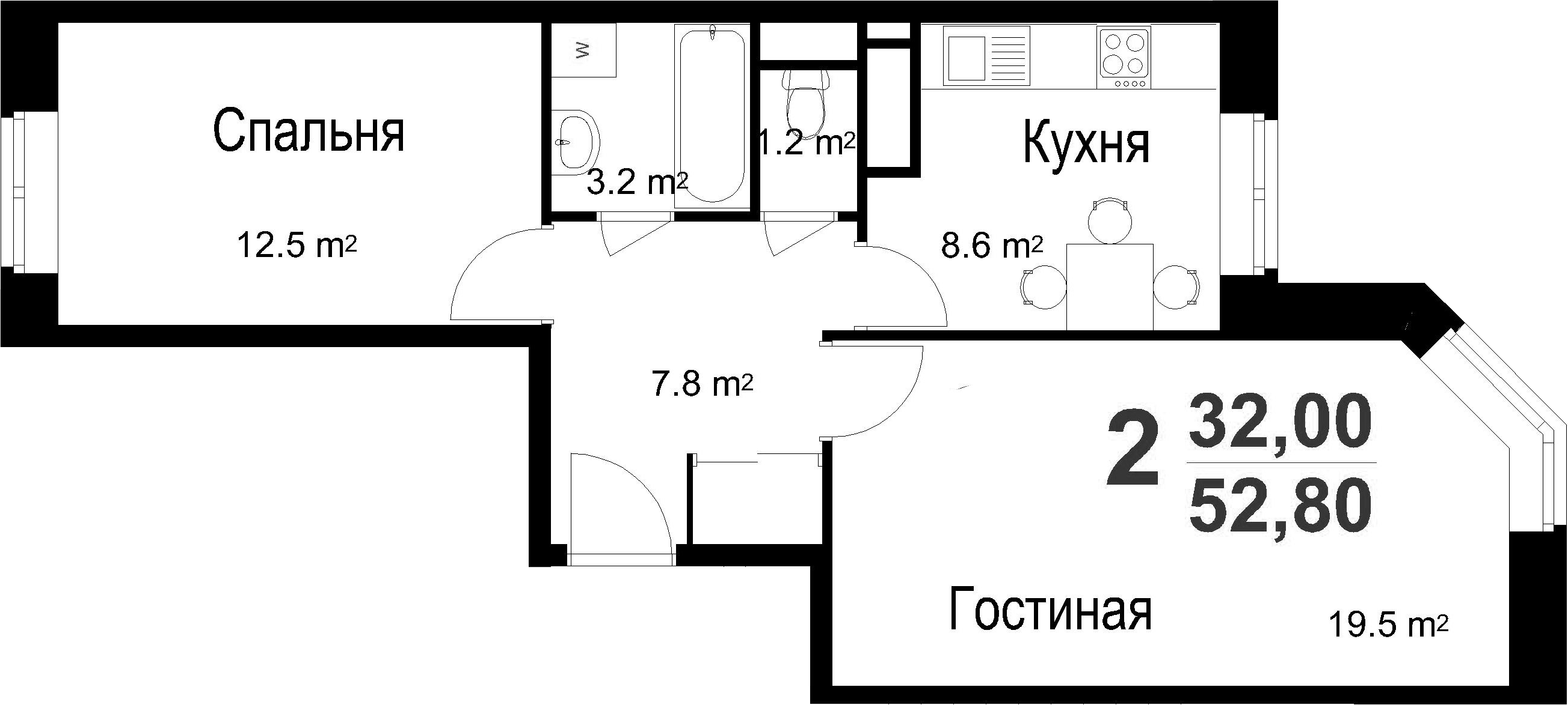 2-к.кв, 52.8 м²
