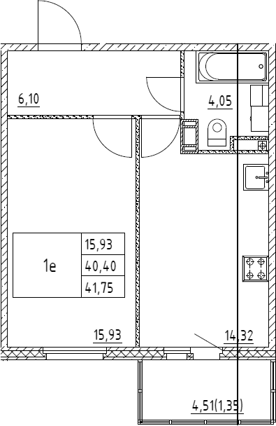 2Е-комнатная, 41.75 м²– 2