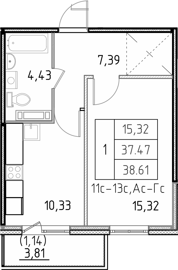 1-комнатная, 38.61 м²– 2