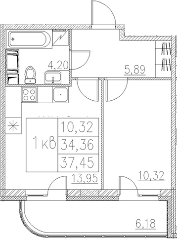 2Е-комнатная, 37.45 м²– 2