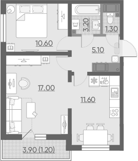 2-комнатная квартира, 50 м², 20 этаж – Планировка