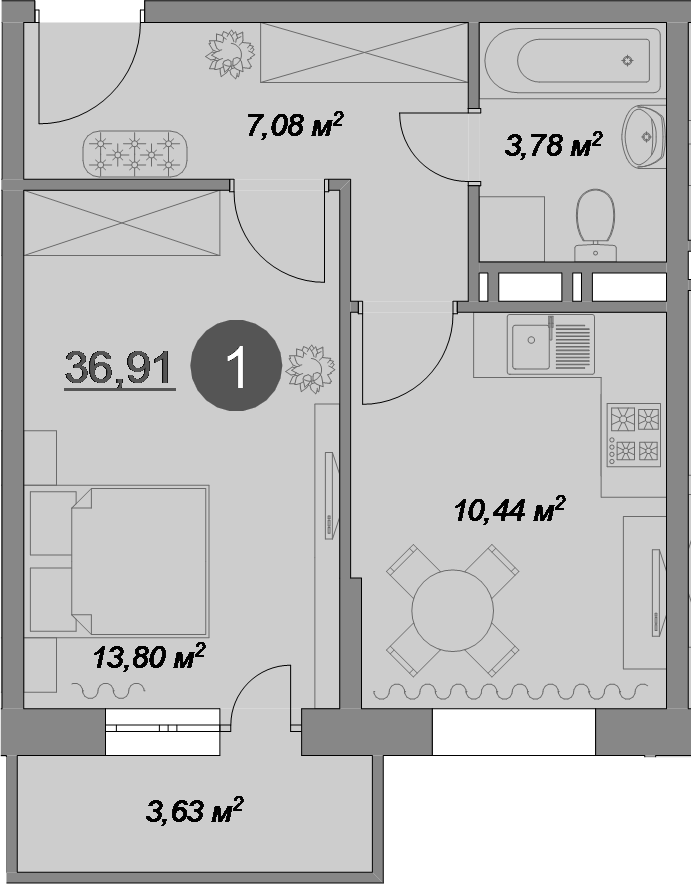 1-комнатная, 36.91 м²– 2