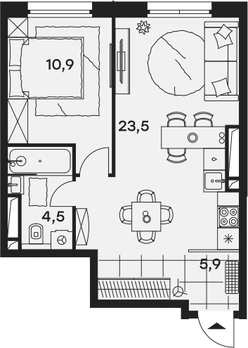 2Е-комнатная, 44.8 м²– 2