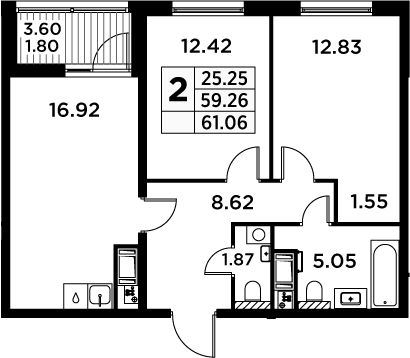 3Е-комнатная, 61.06 м²– 2