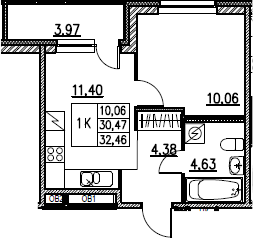 2Е-комнатная, 32.46 м²– 2