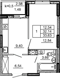 1-комнатная, 33.63 м²– 2