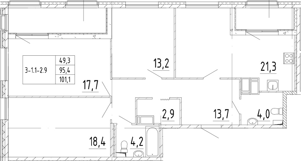 4Е-комнатная, 101.1 м²– 2