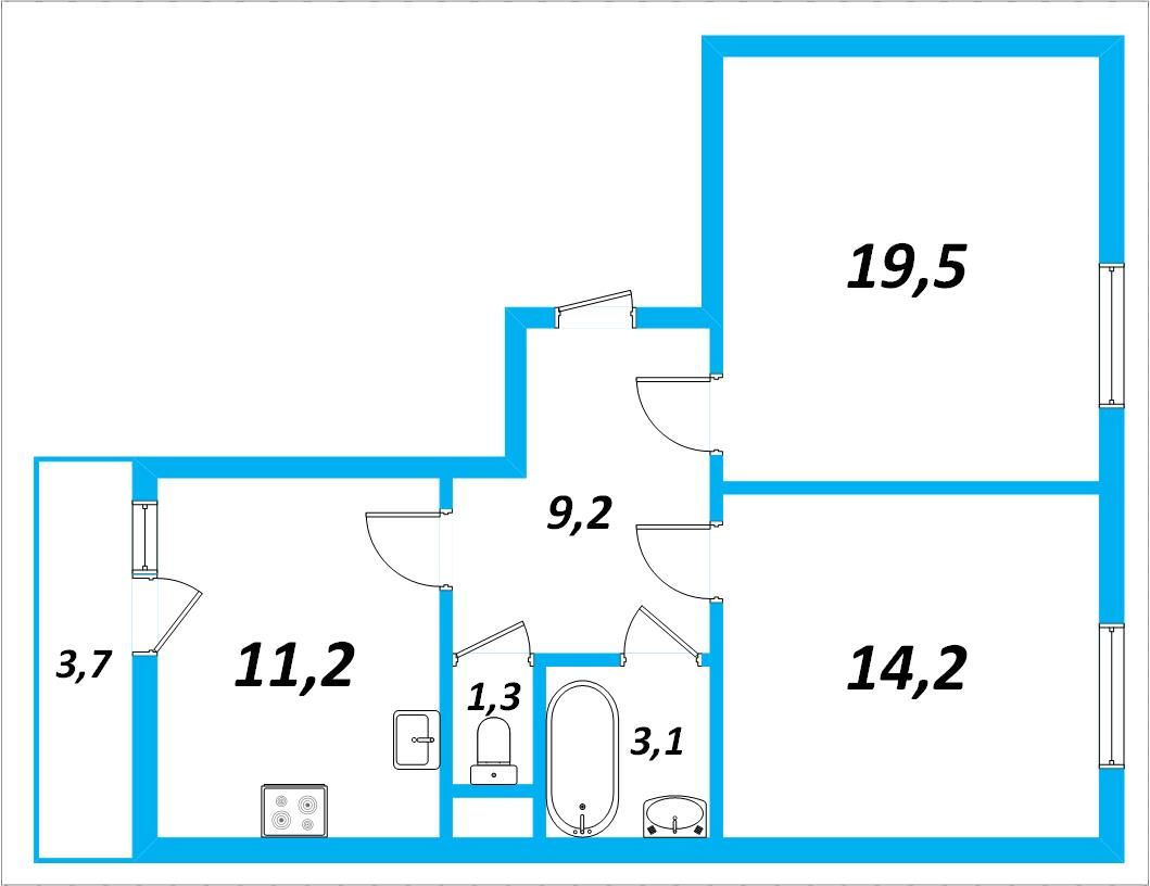 2-комнатная, 59.61 м²– 2