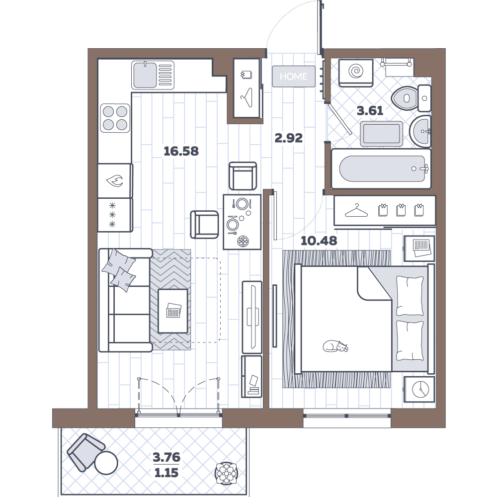 2Е-комнатная, 34.74 м²– 2