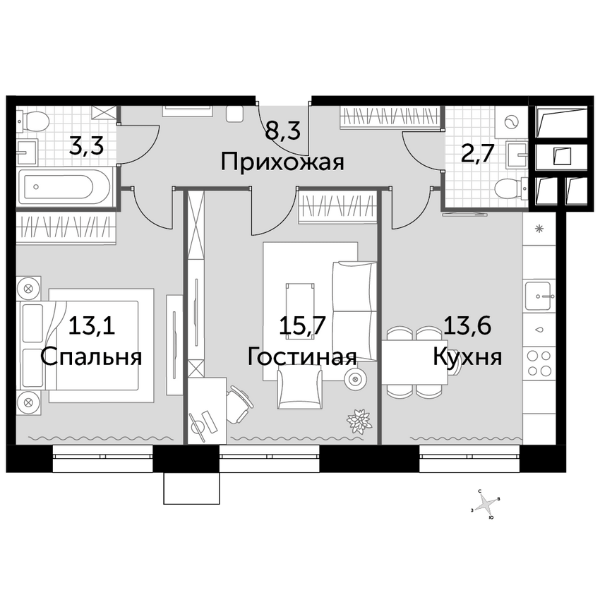 2-комнатная, 56.7 м²– 2