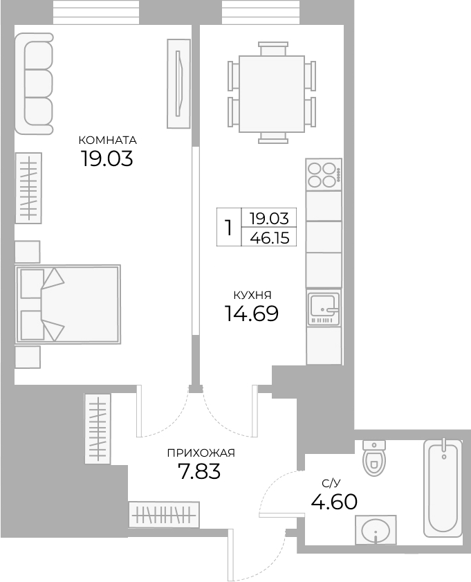 1-комнатная, 46.36 м²– 2