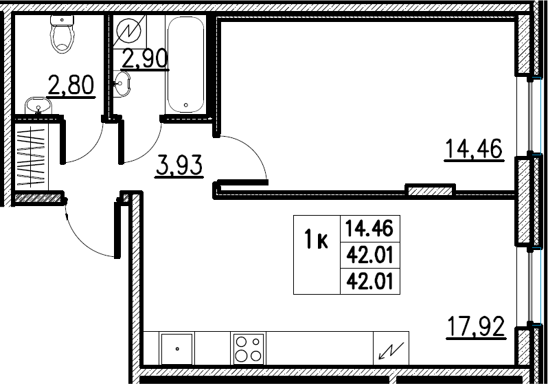 2Е-комнатная, 42.01 м²– 2