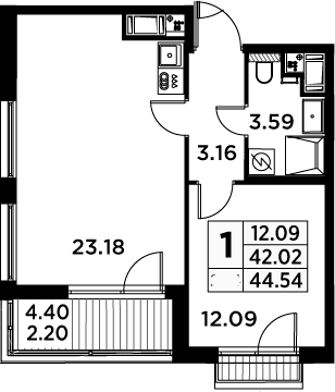 2Е-комнатная, 44.54 м²– 2