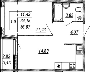 1-комнатная, 34.15 м²– 2