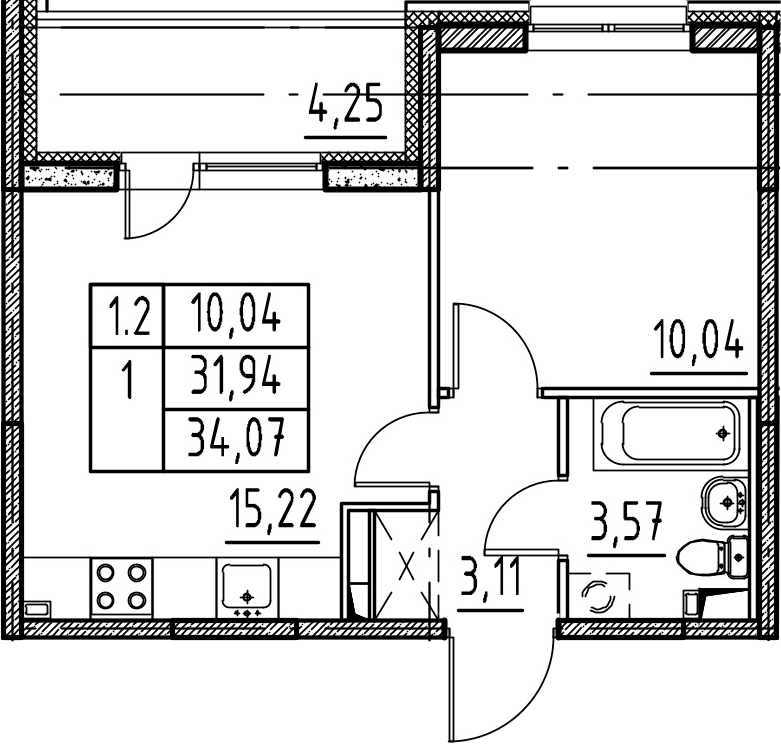 2Е-комнатная, 31.94 м²– 2