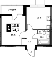 1-комнатная, 34.3 м²– 2