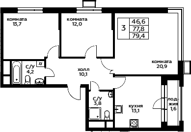 3-комнатная, 79.5 м²– 2
