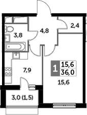 1-комнатная, 36 м²– 2