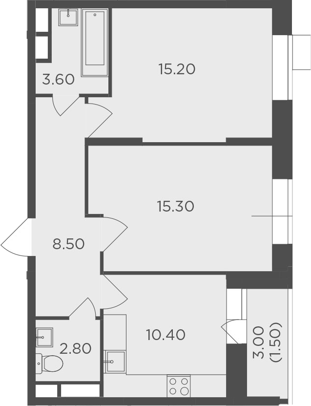 2-комнатная, 57.3 м²– 2
