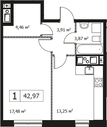 1-комнатная, 42.97 м²– 2