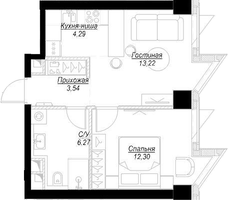 2Е-комнатная, 39.62 м²– 2