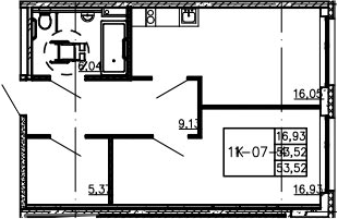 2Е-комнатная, 53.52 м²– 2