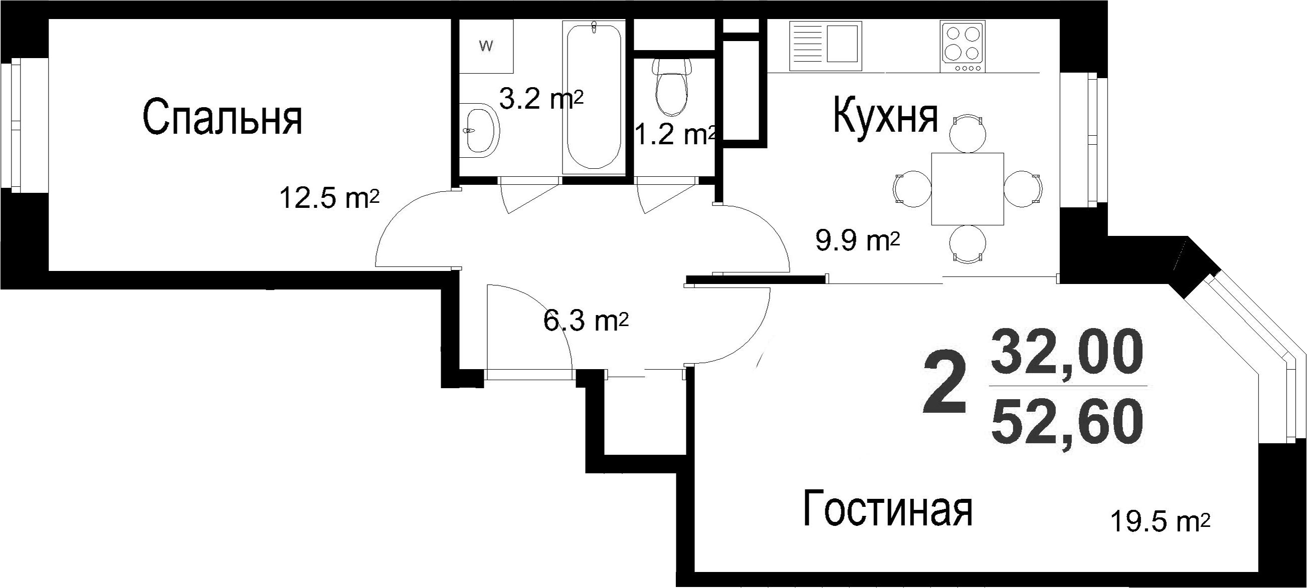 2-к.кв, 52.6 м²