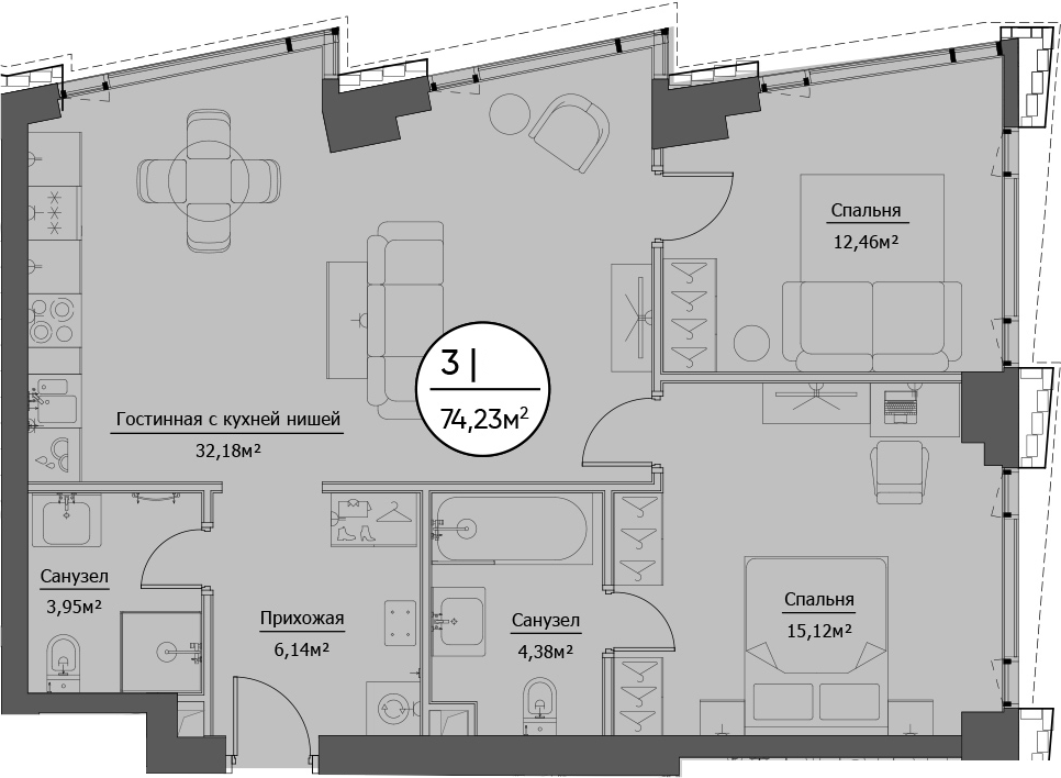 3Е-комнатная, 74.23 м²– 2