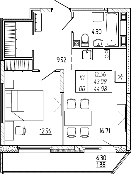 2Е-комнатная, 44.98 м²– 2