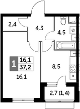 1-комнатная, 37.2 м²– 2