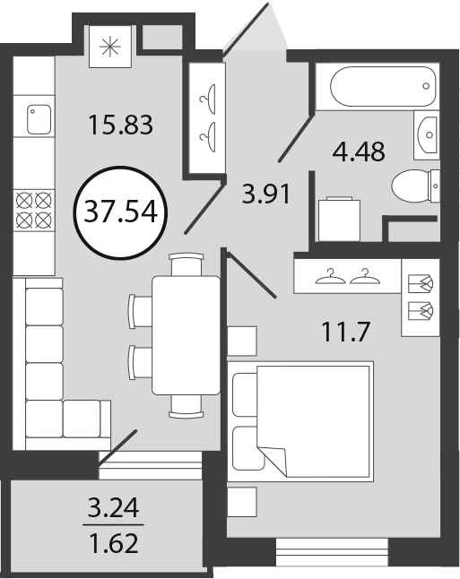 2Е-комнатная, 37.54 м²– 2