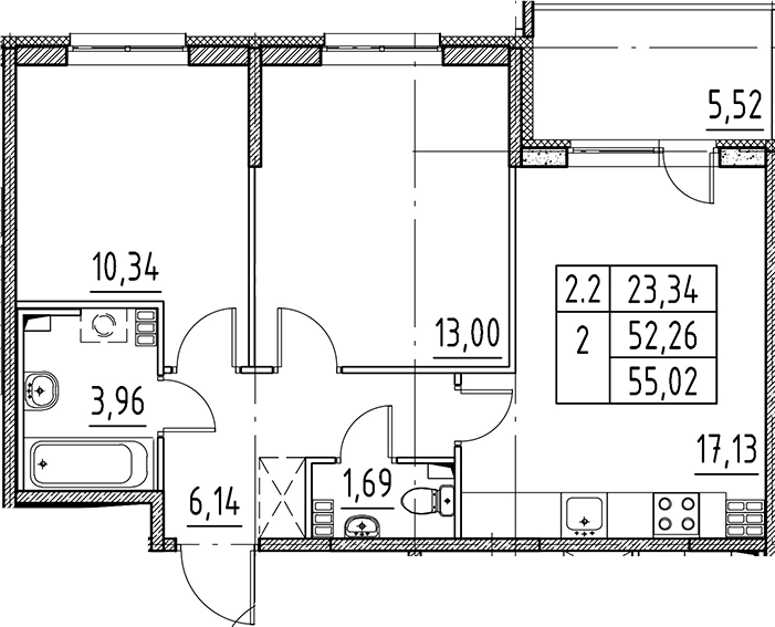 3Е-комнатная, 52.26 м²– 2