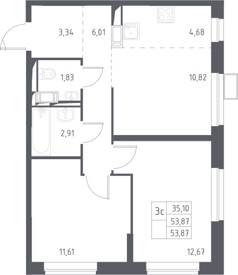 3Е-комнатная квартира, 53.87 м², 6 этаж – Планировка