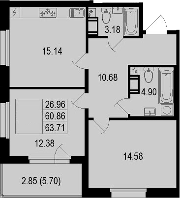 3Е-комнатная, 63.71 м²– 2