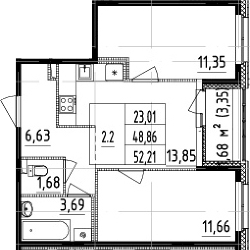3Е-комнатная, 48.86 м²– 2