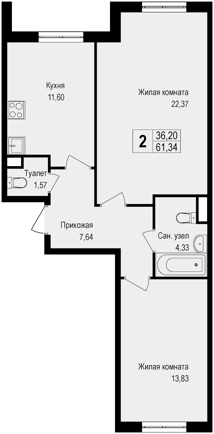 2-комнатная, 61.34 м²– 2