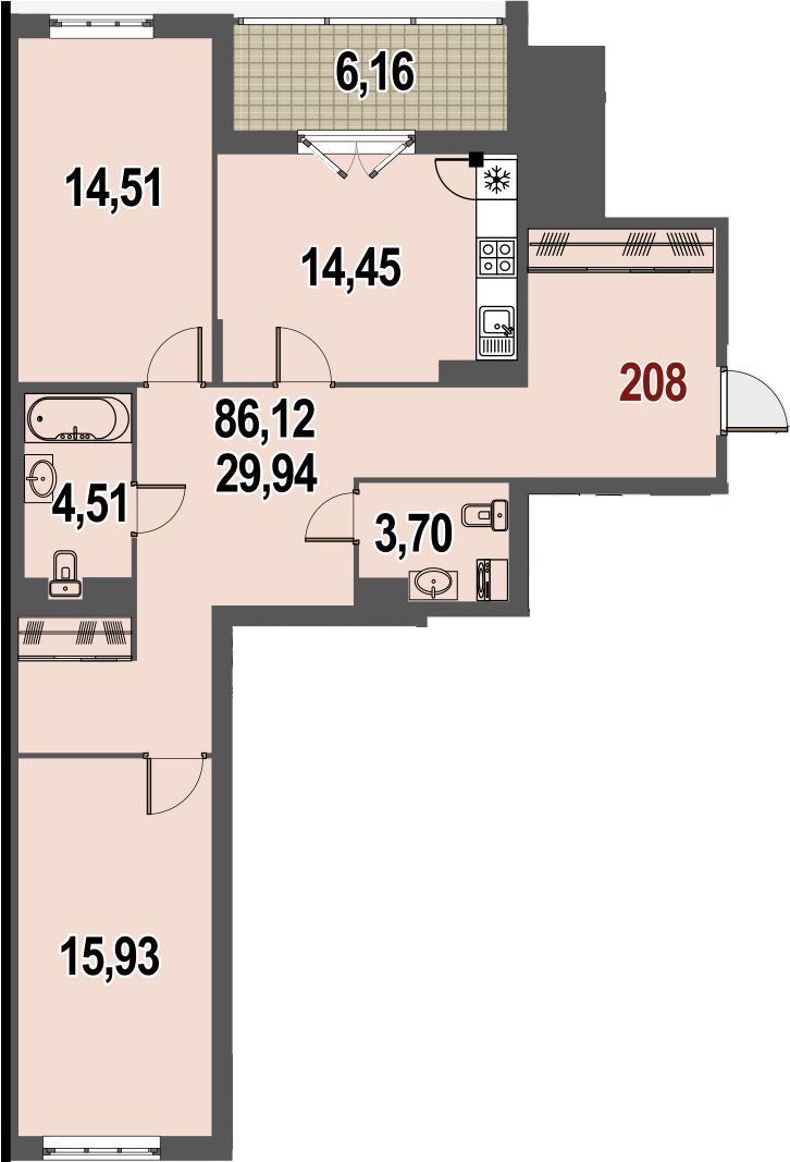 2-к.кв, 86.12 м², 3 этаж
