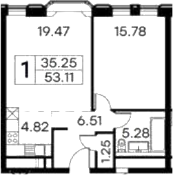 2Е-комнатная, 53.11 м²– 2