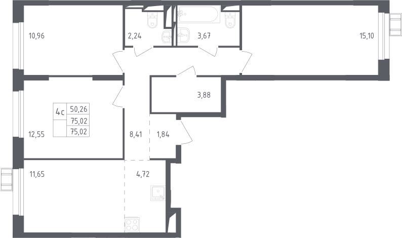 4Е-комнатная, 75.02 м²– 2