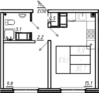 1-комнатная, 30.7 м²– 2
