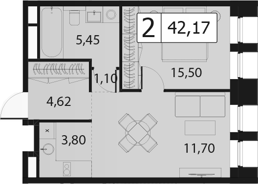 2Е-комнатная, 42.17 м²– 2