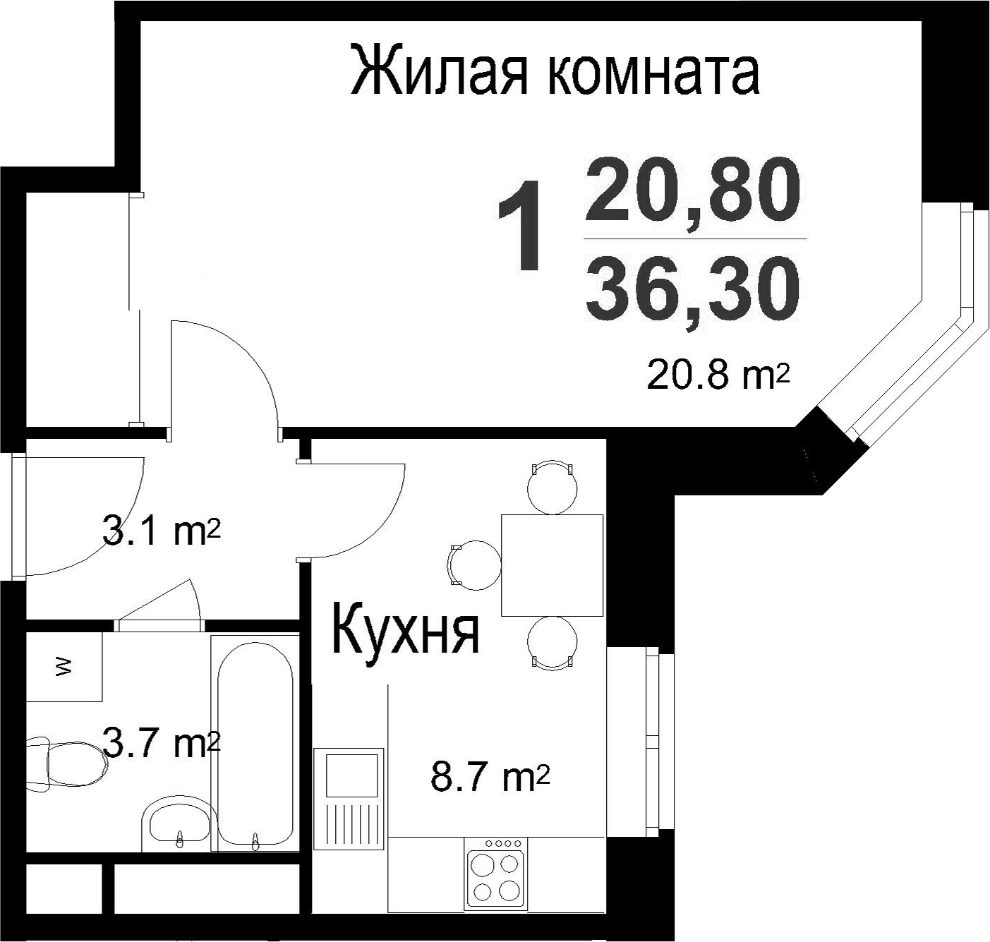 1-к.кв, 36.3 м²