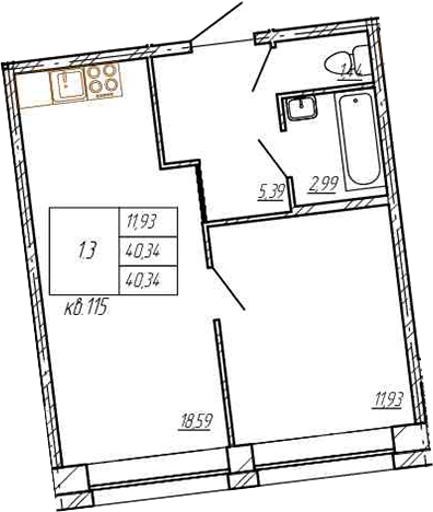 2Е-комнатная, 40.34 м²– 2