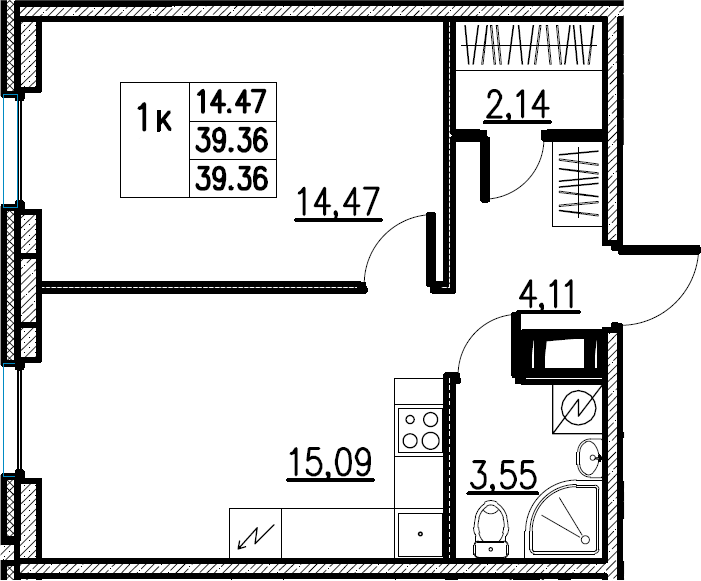 2Е-комнатная, 39.36 м²– 2