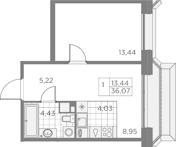 2Е-комнатная, 36.07 м²– 2