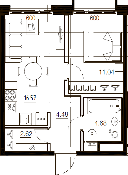 2Е-комнатная, 39.39 м²– 2