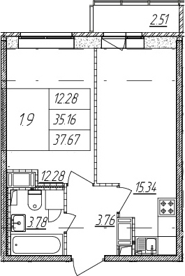 2Е-комнатная, 35.16 м²– 2