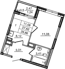 1-комнатная, 28.86 м²– 2
