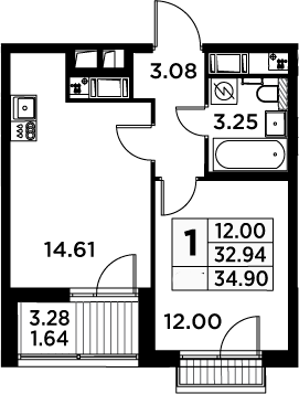 1-комнатная, 34.9 м²– 2