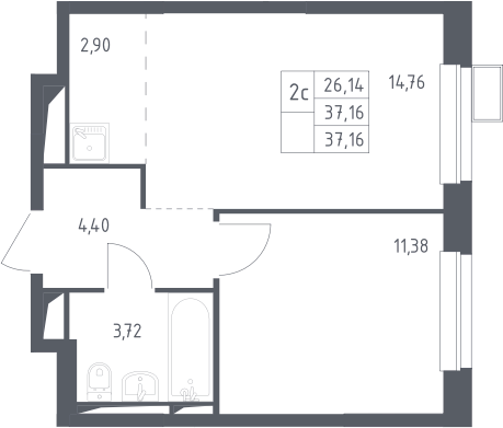 2Е-комнатная, 37.16 м²– 2